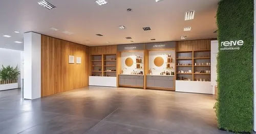 Design a cosmetics pop-up stand space, using a warm yet clean zen design style, using bright colored wood and concrete materials, using white as the main color.,greenbox,thymes,store,core renovation,n