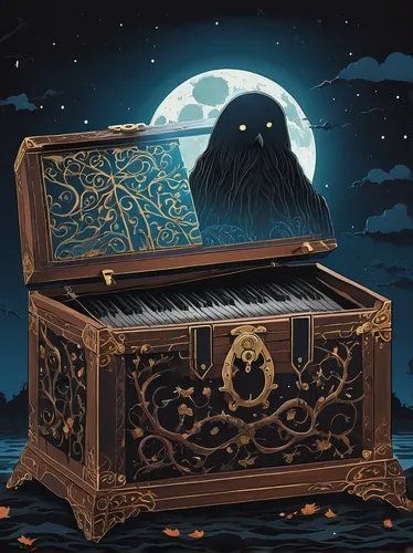 Write a spooky soundtrack inspired by a mysterious music chest.,music chest,treasure chest,lyre box,music box,musical box,halloween illustration,the piano,piano,coffin,barrel organ,vanitas,card box,ni