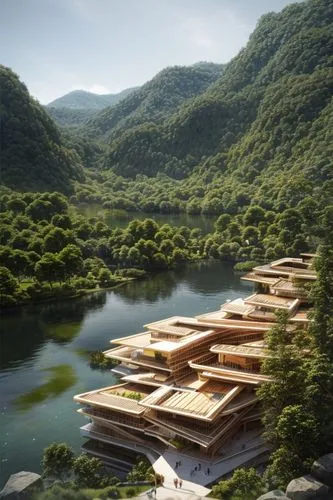 A valley and a lake,eco hotel,floating huts,japanese architecture,chinese architecture,danyang eight scenic,cube stilt houses,eco-construction,asian architecture,guizhou,tree house hotel,timber house,