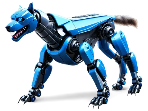 Dozer, robot dog, metallic body, shiny surface, glowing blue eyes, sharp teeth, futuristic design, mechanical legs, agile posture, standing, action pose, dynamic lighting, cinematic composition, HDR, 