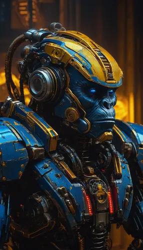 An entity of the Mecha Cyborg King Kong, Robot Transcendence Humanoid, dark and blue, yellow, red color, neon colorful background, where human reaches its full potential, multiplies into the trillions