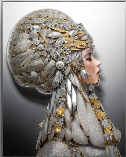 feather headdress,headdress,feather jewelry,bridal accessory,breastplate,fractalius,headpiece,art deco woman,silversmith,drusy,indian headdress,decorative figure,silver coin,white feather,head plate,crystal ball-photography,adornments,gold foil mermaid,fashion illustration,diadem,Realistic,Jewelry,Hollywood Regency