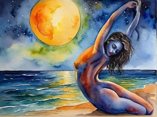 watercolor pin up,amphitrite,blue moon,watercolor painting,watercolor mermaid,sun moon,moondance,moonrise,moon phase,naiad,hanging moon,earth chakra,moon and star background,selene,water color,watercolor background,the zodiac sign pisces,zodiac sign libra,stargazer,full moon day,Illustration,Paper based,Paper Based 24