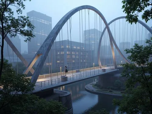 Organic pedestrian bridge, undulating curves, biomimetic structures, metabolic-inspired arches, cellular-like modules, dynamic suspension systems, tensile cables, iridescent colors, shimmering surface