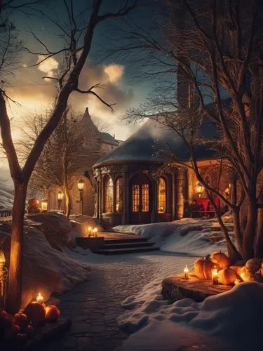 атмосфера уюта в стиле Гарри Поттер,a driveway with lots of pumpkins on it,winter night,christmas landscape,winter house,winter magic,the cabin in the mountains,warm and cozy,Photography,General,Fanta