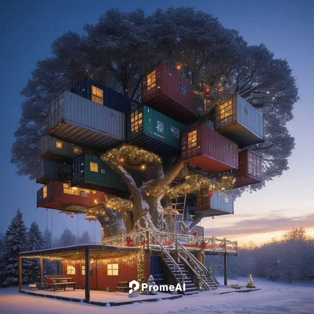 Tree house made of numerous shipping containers, many lights and Christmas details, snow covering the ground  ,Tree house made of shipping containers, christmas decoration,tree house,tree house hotel,