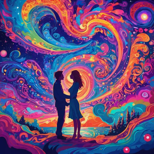 love in air,psychedelic art,couple in love,romantic scene,couple silhouette,the luv path,colorful background,attraction,space art,swirl,two people,rainbow background,love story,astronomers,lovers,dancing couple,the universe,rainbow and stars,couple - relationship,universe,Conceptual Art,Oil color,Oil Color 23