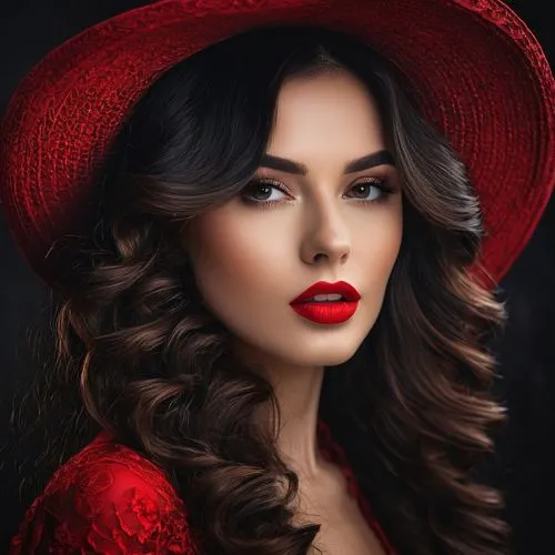 red hat,lady in red,flamenca,petrova,vermelho,red lips,anastasiadis,elitsa,romantic portrait,vintage woman,gelovani,woman portrait,colorizing,red lipstick,lali,red gown,the hat of the woman,red coat,portrait background,woman's hat,Photography,General,Fantasy