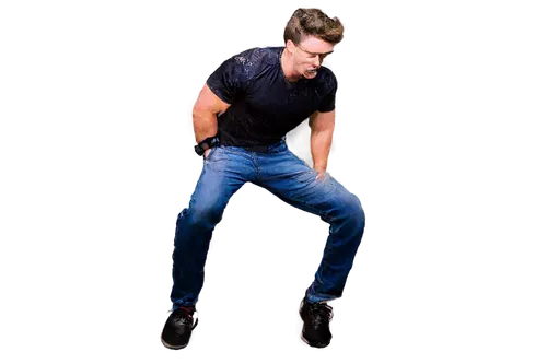 Man, muscular, hurt back, funny expression, sweat droplets, messy hair, casual wear, ripped jeans, black sneakers, leaning forward, relaxed posture, comedic composition, warm lighting, shallow depth o