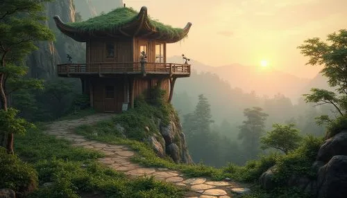 tigers nest,teahouse,fantasy landscape,wudang,hiking path,asian architecture,lookout tower,tree house,house in mountains,mountain settlement,home landscape,wooden path,roof landscape,world digital painting,house in the mountains,golden pavilion,treehouse,the golden pavilion,huashan,shaoming,Photography,General,Realistic