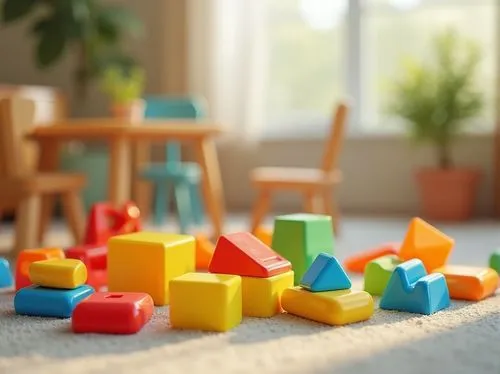 Colorful kindergarten, plastic material, educational toys, blocks, cubes, shapes, primary colors, shiny surface, smooth texture, rounded edges, safe for children, play area, wooden tables, tiny chairs