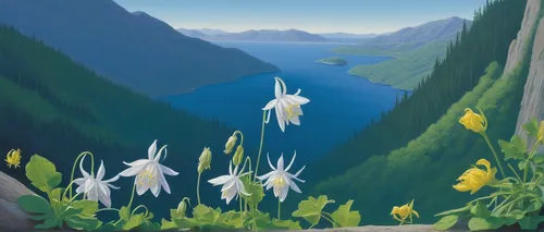 Imagine a suspenseful mystery where Aquilegia japonica holds a secret power that can change the world.,lilies of the valley,siberian fawn lily,avalanche lily,lilly of the valley,fawn lily,fjords,mount