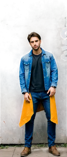 weathered man, rugged face, strong jawline, messy brown hair, worn-out denim jacket, torn jeans, scuffed boots, rough hands, tired eyes, solemn expression, standing, urban setting, graffiti background