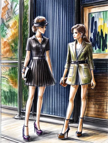 Fashion sketches ,business women,businesswomen,sci fiction illustration,fashion illustration,roaring twenties couple,partnerlook,retro women,sewing pattern girls,handshaking,two girls,women clothes,50