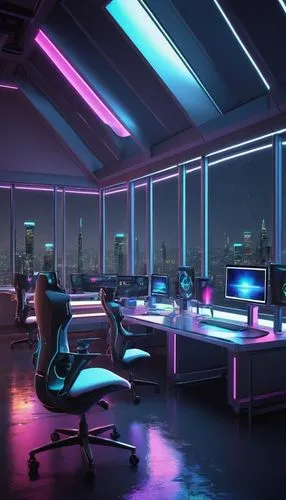 cybercafes,neon human resources,computer room,modern office,nightclub,blur office background,desks,ufo interior,neon light,study room,creative office,cyberscene,neon coffee,fluorescents,working space,3d render,neon lights,clubcorp,cybertown,workstations,Illustration,Paper based,Paper Based 26