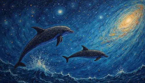 dolphins flying to the stars in the mily way universe: ,in the pointillism style, by Georges Seurat, Henri-Edmond Cross, Paul Signac and Maximilien Luce" : Hyperrealistic, Hyperdetailed, splash art, c