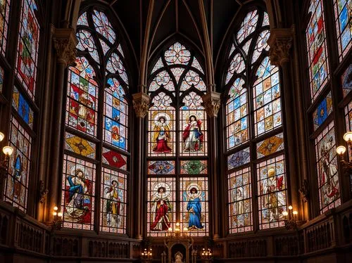 Vibrant stained glass windows, kaleidoscope colors, intricate designs, Gothic architecture, ornate facades, grand cathedrals, majestic ceilings, radiant light refractions, delicate patterns, fragile t