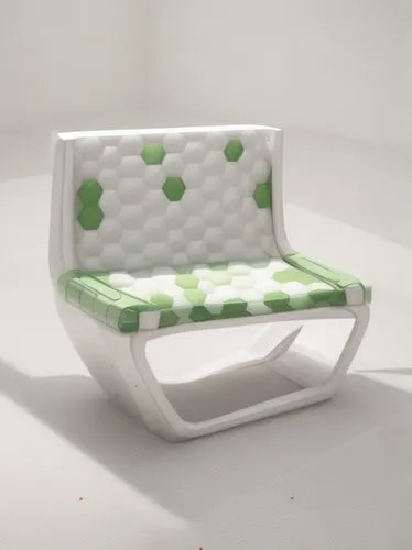 wooden park bench with hexagonal patterns, electric, sustainable, white and muted green accents, white background, isometric view,infant bed,new concept arms chair,baby bed,sleeper chair,soft furnitur