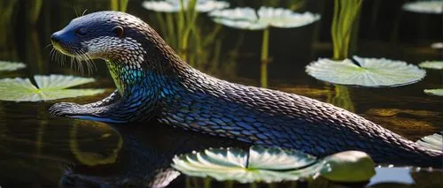 Crystal otter, semi-aquatic mammal, shiny crystal-like fur, iridescent scales, aquatic plants, water lilies, riverbank, sunny day, warm light, shallow water, smooth rocks, gentle ripples, tranquil atm