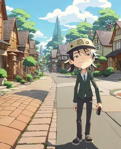 a man wiht a hat walking in the street with trees and nice houses,2d,stylish boy,anime cartoon,studio ghibli,anime japanese clothing,detective conan,stroll,aurora village,background images,tuxedo,walk