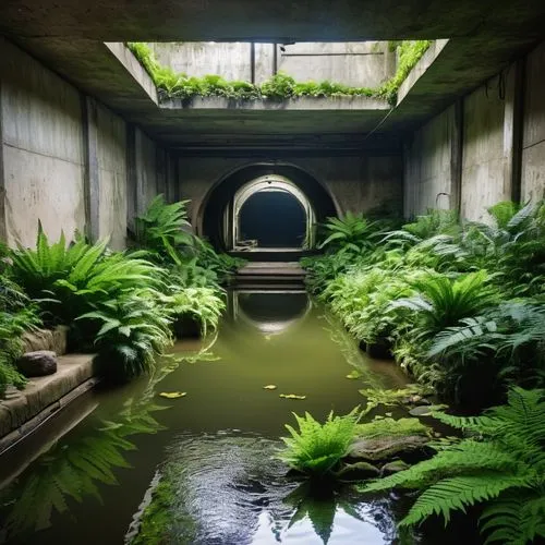 tunnel of plants,plant tunnel,culvert,flooded pathway,subterranean,underpass