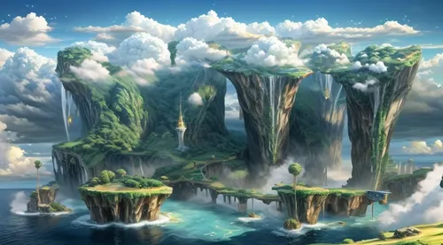 mushroom island,fantasy landscape,floating islands,mushroom landscape,an island far away landscape,islands,flying island,3d fantasy,floating island,fairy world,fantasy world,futuristic landscape,artificial island,island,uninhabited island,fantasy picture,world digital painting,artificial islands,cloud mountains,island suspended