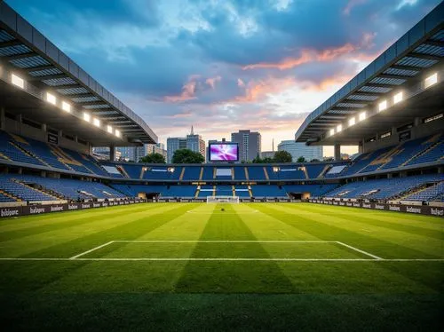 International style soccer stadium, lush green grass, vibrant sports markings, modern floodlights, sleek metal bleachers, angular architecture, grand entrance gates, large digital scoreboards, natural