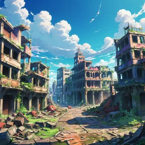 gunkanjima,hashima,destroyed city,ruins,lostplace,wasteland,lost place,ruin,post-apocalyptic landscape,violet evergarden,abandoned place,ancient city,abandoned places,settlement,abandoned,lost places,post apocalyptic,nagasaki,fantasy city,industrial ruin,Illustration,Japanese style,Japanese Style 03