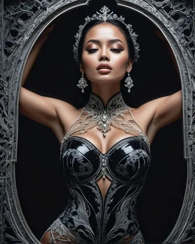 queen of the night,asian vision,mirror of souls,the mirror,filigree,magic mirror,mirror frame,breastplate,neo-burlesque,bodice,asian woman,makeup mirror,oriental princess,the enchantress,mirror,burlesque,fantasy woman,decorative figure,openwork frame,body jewelry