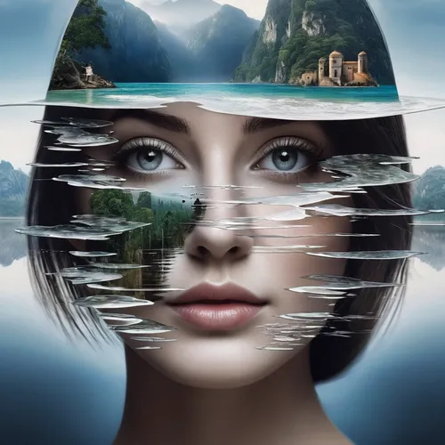 world digital painting,submerged,mirror water,parallel worlds,sci fiction illustration,reflections in water,reflection in water,the body of water,waterglobe,water reflection,water lotus,water mirror,3d fantasy,immersed,mystical portrait of a girl,looking glass,photo manipulation,underwater landscape,lagoon,surrealism,Photography,Black and white photography,Black and White Photography 07