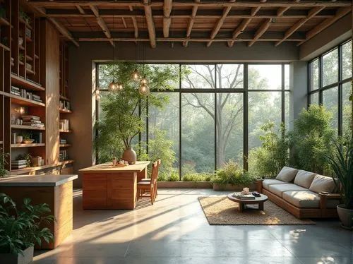 sunroom,japanese-style room,wooden windows,indoor,living room,teahouse,livingroom,loft,conservatory,ryokan,sitting room,interior design,wood window,breakfast room,home interior,frame house,modern room,indoors,interiors,bamboo plants,Photography,General,Realistic