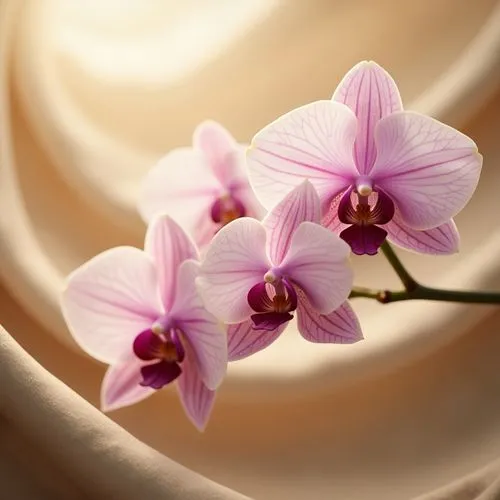 Softly glowing orchid hues, delicate petals, subtle sheen, gentle curves, organic shapes, natural textures, earthy undertones, rich berry accents, creamy whites, warm beige backgrounds, luxurious fabr