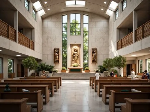 Contemporary worship space, minimalist aesthetic, natural stone walls, polished concrete floors, wooden accents, stained glass windows, skylights, subtle lighting, sacred symbols, ornate details, intr