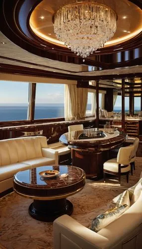 Luxury yacht, opulent interior, sleek lines, polished wood panels, cream-colored leather sofas, marble countertops, crystal chandelier, floor-to-ceiling windows, panoramic ocean view, lavish master be