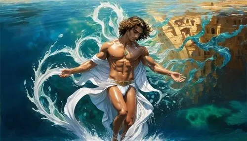 a man in a bathing suit is running through the water,atlantean,merfolk,namor,god of the sea,sirene,nereids