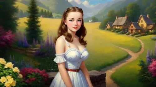 Romantic masterpiece oil painting, cute girl portrait, nostalgic 1950's style kitsch, rolling hills landscape, lush forest village scenery, by Thomas Kinkade, by Bob Ross,fantasy picture,girl in the g