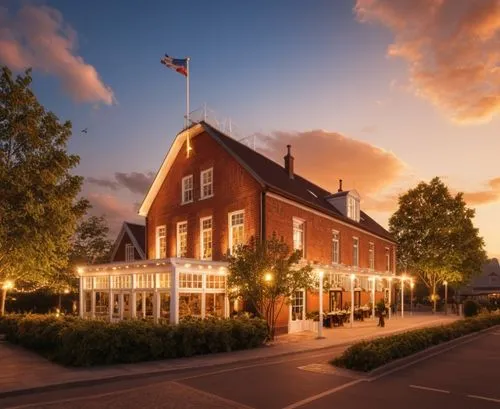 Add a romantic ambiance while keeping the building the exact same,a house in the evening with lights on outside and trees around,country hotel,djursholm,sunningdale,volendam,falsterbo,champneys,kirkeb