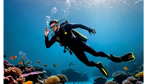 Scuba diver, male, athletic build, muscular arms, shiny wet skin, diving goggles, oxygen tank, wetsuit, flippers, underwater scene, coral reef, schools of fish, sunlight filtering through water, drama