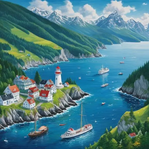 coastal landscape,sea landscape,sailboats,sognefjord,fjords,norway coast,boat landscape,landscape background,sailing boats,seaside resort,landscape with sea,motif,fishing village,seaside country,nordland,mountain and sea,island of juist,scandinavia,an island far away landscape,lysefjord,Illustration,Realistic Fantasy,Realistic Fantasy 19