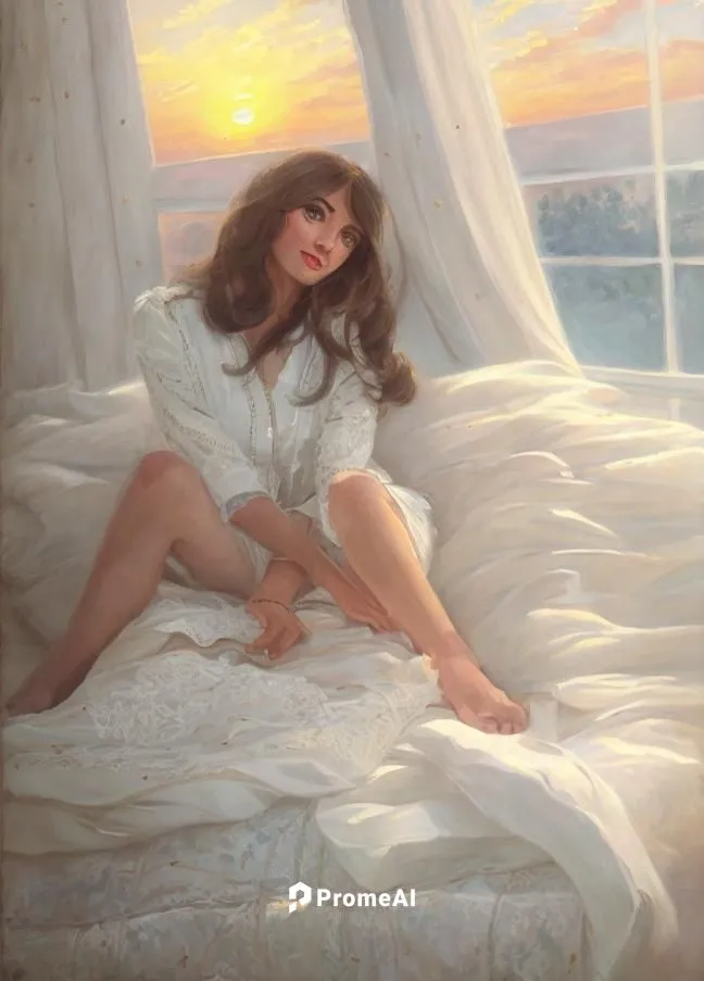 the caucasian girl, a perfect figure of a winter wonderland, basks in the soft glow of sunrise over the quiet room. She wears a soft white blouse and a pair of matching socks. She wears a stylish whit