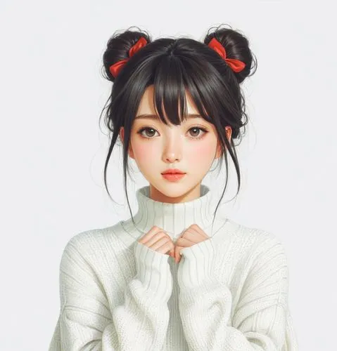 女生，白色毛衣，卡通，日本动漫，动漫，插画，扁平插画,a girl wearing a white sweater with two red bows,xiaoyu,huayi,zhiyuan,momiji,mei,maiko,Illustration,Japanese style,Japanese Style 18