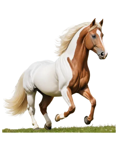 Majestic horse, white horse, brown horse, galloping, running freely, beautiful detailed mane, flowy tail, strong muscles, shiny coat, green grassland, sunny day, soft lighting, cinematic composition, 