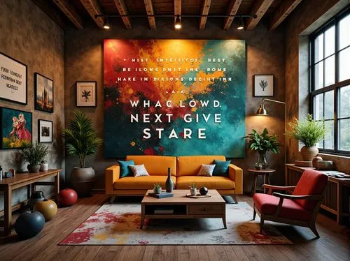 Vibrant artistic studio, bold brushstrokes, expressive colors, abstract shapes, textured canvases, eclectic furniture, inspirational quotes, natural wood accents, industrial metal beams, moody atmosph