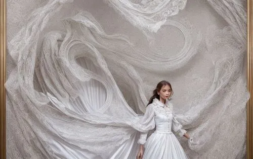 white silk,white rose snow queen,the angel with the veronica veil,white swan,the snow queen,whirling,white winter dress,white lady,dead bride,swirling,photomanipulation,photo manipulation,mourning swan,baroque angel,mystical portrait of a girl,white figures,wedding gown,eternal snow,fractals art,bridal clothing,Product Design,Fashion Design,Women's Wear,Feminine Charm