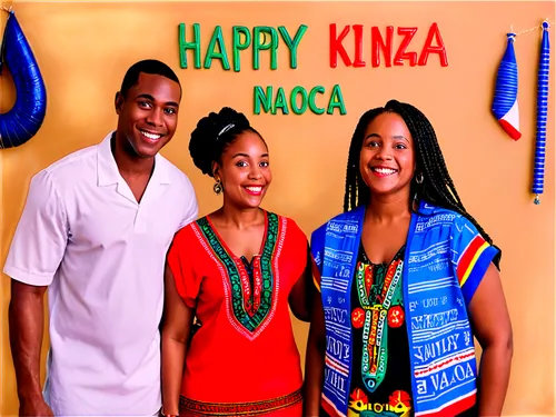 African American family, happy Kwanzaa celebration, traditional clothes, colorful dashikis, kinara in background, moyo ya kwanzaa phrase on wall, warm lighting, 3/4 composition, shallow depth of field