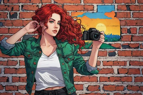 female character, Sirona Ryan, standing pose, green eyes, wavy red hair, light makeup, casual outfit, denim jacket, white t-shirt, black jeans, sneakers, action gesture holding a camera, urban explore