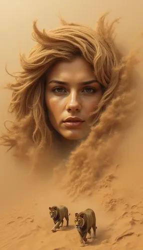 girl on the dune,lioness,female lion,sand fox,desert background,mandylion