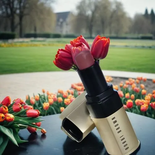 a lipstick with a bunch of flowers in it on a table,guerlain,rossetto,lancome,revlon,laprairie,nars,Small Objects,Outdoor,Tulips