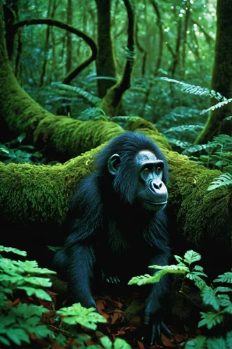 Describe a mystical forest filled with magical creatures and hidden treasures.,common chimpanzee,chimpanzee,siamang,great apes,rwanda,primate,cercopithecus neglectus,bonobo,celebes crested macaque,chi