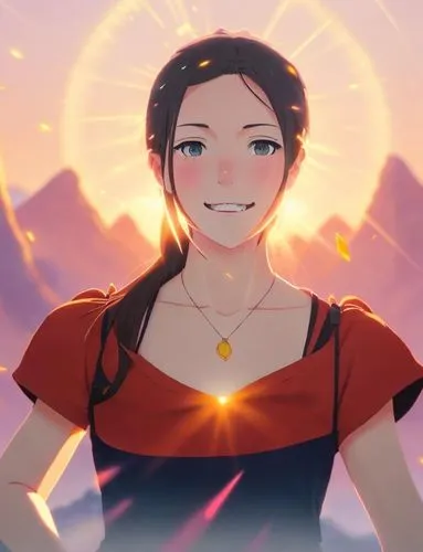 the sky is ablaze with oranges and pinks as a delicate caucasian girl with long, flowing black hair, warm brown eyes, and piercing orange eyes stands tall in the heart of an ancient mountain range. Th